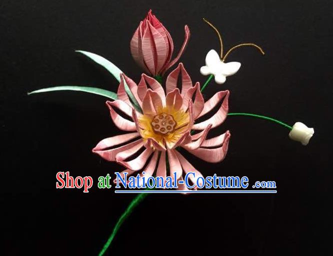 China Handmade Pink Silk Lotus Hairpin Traditional Hair Accessories Ancient Palace Princess Hair Stick