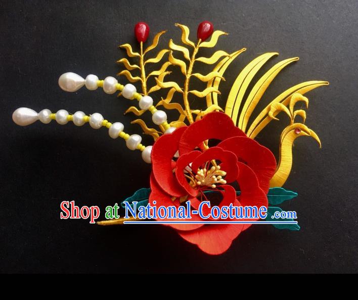 China Handmade Silk Golden Phoenix Hairpin Traditional Hanfu Headpiece Ancient Song Dynasty Noble Woman Red Peony Hair Crown