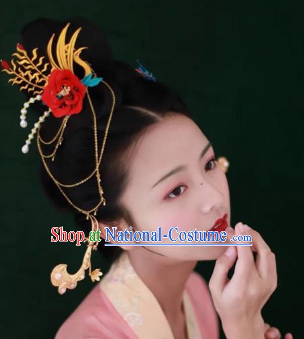 China Handmade Silk Golden Phoenix Hairpin Traditional Hanfu Headpiece Ancient Song Dynasty Noble Woman Red Peony Hair Crown