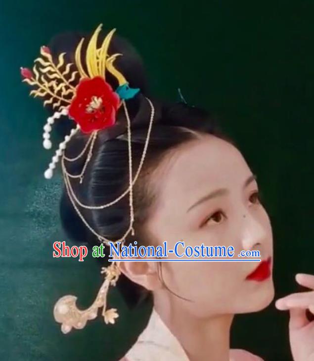 China Handmade Silk Golden Phoenix Hairpin Traditional Hanfu Headpiece Ancient Song Dynasty Noble Woman Red Peony Hair Crown