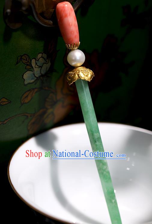 China Handmade Jadeite Hairpin Traditional Qing Dynasty Court Headpiece Ancient Imperial Concubine Hair Clip