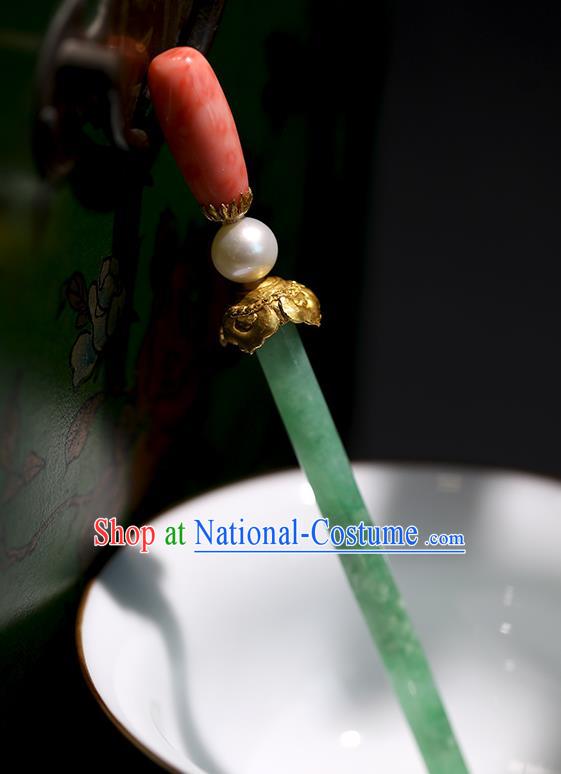 China Handmade Jadeite Hairpin Traditional Qing Dynasty Court Headpiece Ancient Imperial Concubine Hair Clip