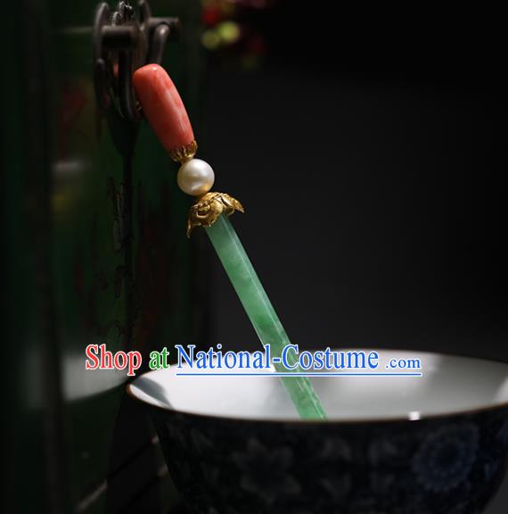 China Handmade Jadeite Hairpin Traditional Qing Dynasty Court Headpiece Ancient Imperial Concubine Hair Clip