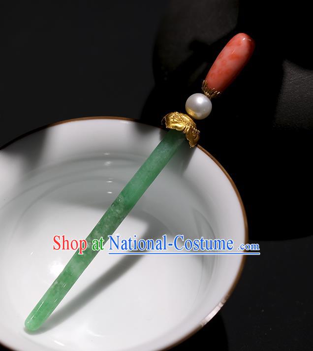 China Handmade Jadeite Hairpin Traditional Qing Dynasty Court Headpiece Ancient Imperial Concubine Hair Clip