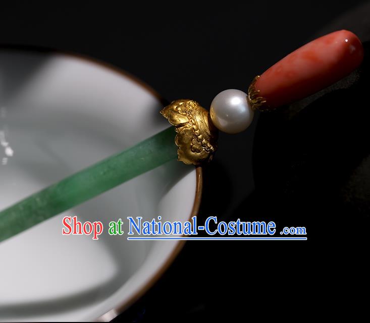 China Handmade Jadeite Hairpin Traditional Qing Dynasty Court Headpiece Ancient Imperial Concubine Hair Clip