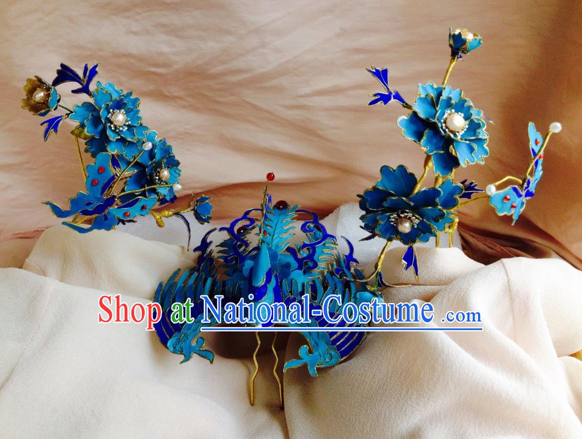 China Handmade Blue Peony Butterfly Hairpins Traditional Wedding Headdress Ancient Qing Dynasty Empress Hair Crown Complete Set