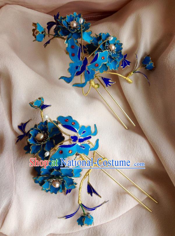 China Handmade Blue Peony Butterfly Hairpins Traditional Wedding Headdress Ancient Qing Dynasty Empress Hair Crown Complete Set