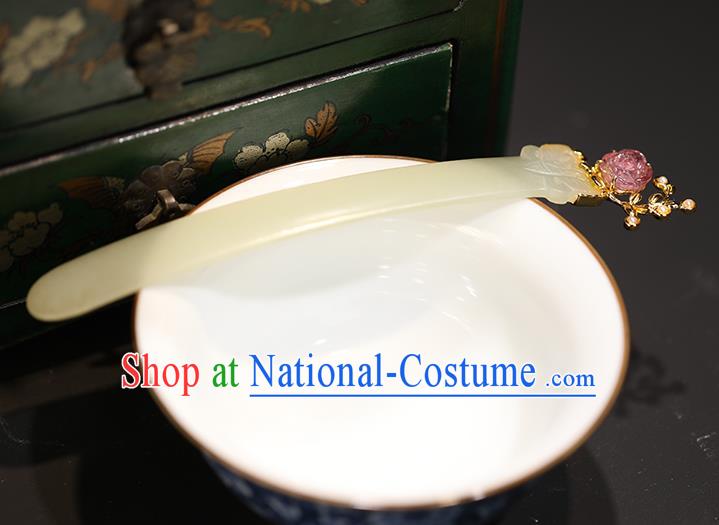 China Handmade Hetian Jade Hairpin Traditional Qing Dynasty Court Headpiece Ancient Noble Woman Hair Stick