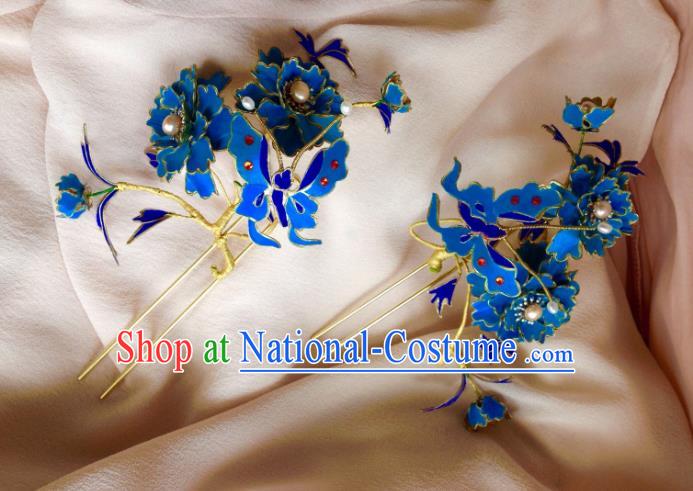 China Handmade Blue Peony Butterfly Hairpins Traditional Wedding Headdress Ancient Qing Dynasty Empress Hair Crown Complete Set