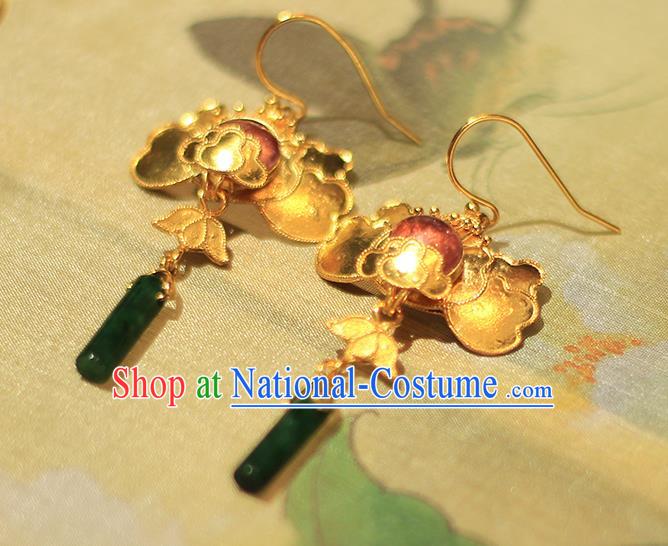 Chinese Traditional Cheongsam Ear Accessories National Jade Jewelry Handmade Golden Earrings