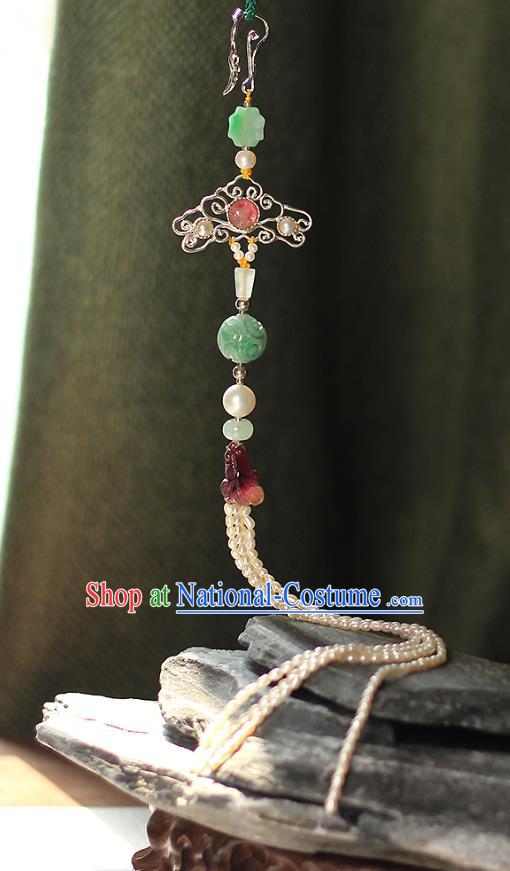 Chinese Ancient Qing Dynasty Court Woman Brooch Accessories Traditional Pearls Tassel Jade Pendant