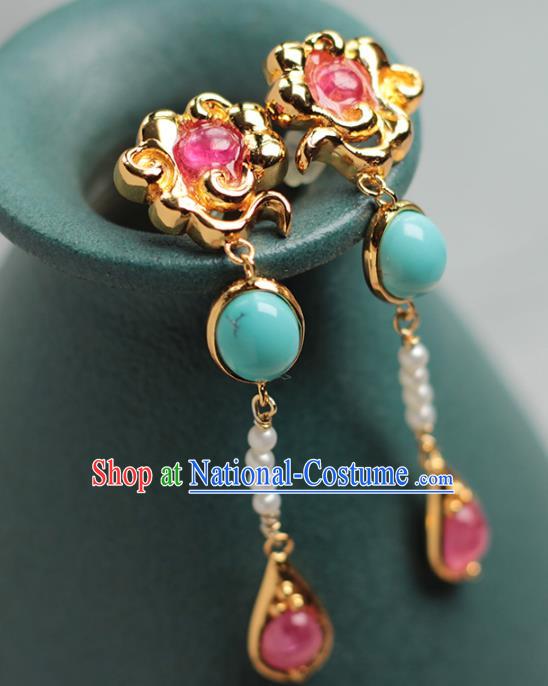 Chinese Traditional Cheongsam Golden Cloud Ear Accessories National Pearls Jewelry Handmade Tourmaline Earrings