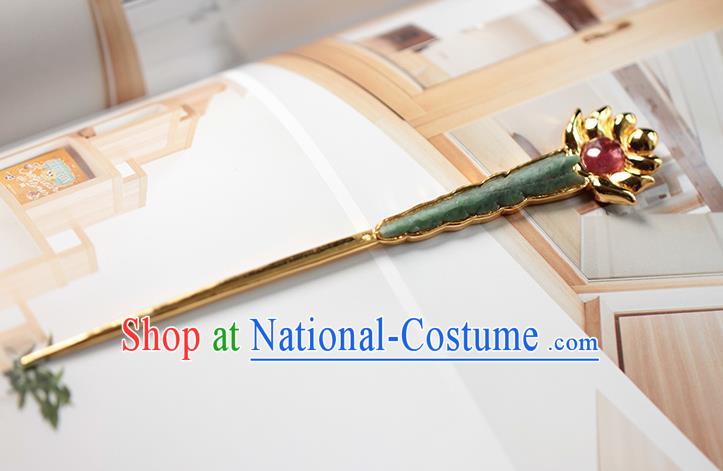 China Handmade Jadeite Hairpin Traditional Cheongsam Hair Accessories Ancient Queen Golden Hair Stick