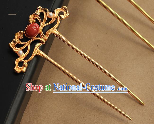 China Handmade Agate Pearls Hairpin Traditional Tang Dynasty Hair Accessories Ancient Empress Golden Hair Stick