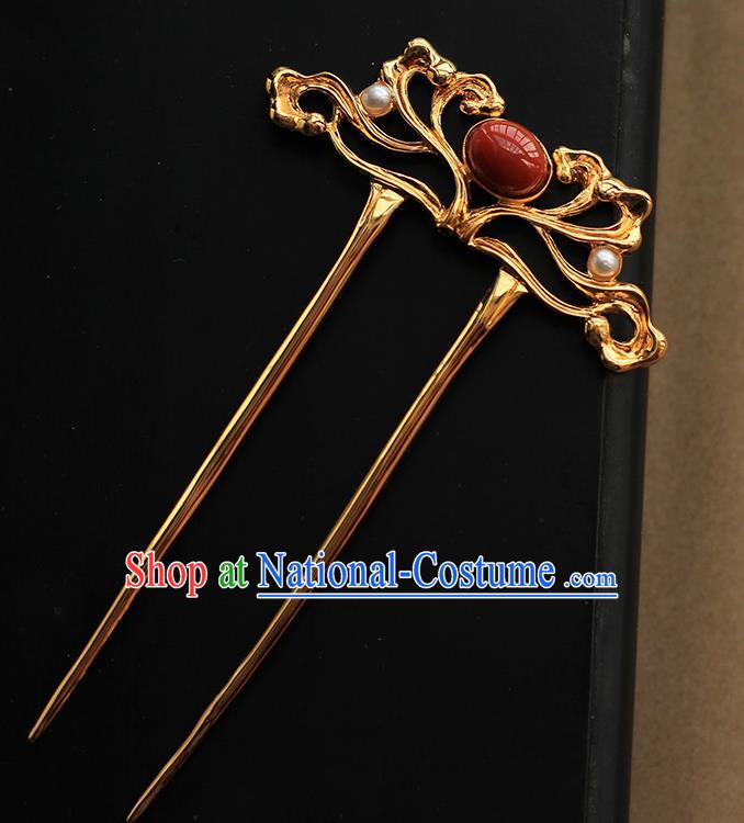 China Handmade Agate Pearls Hairpin Traditional Tang Dynasty Hair Accessories Ancient Empress Golden Hair Stick