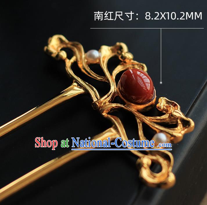 China Handmade Agate Pearls Hairpin Traditional Tang Dynasty Hair Accessories Ancient Empress Golden Hair Stick