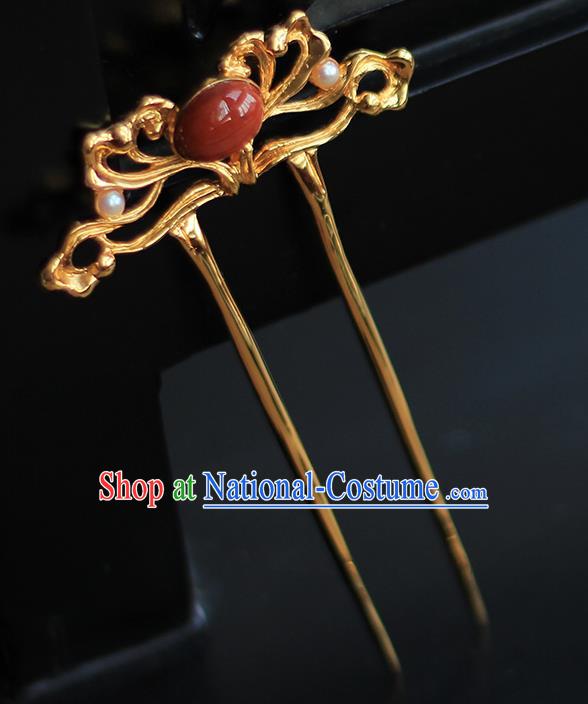 China Handmade Agate Pearls Hairpin Traditional Tang Dynasty Hair Accessories Ancient Empress Golden Hair Stick