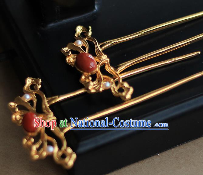 China Handmade Agate Pearls Hairpin Traditional Tang Dynasty Hair Accessories Ancient Empress Golden Hair Stick