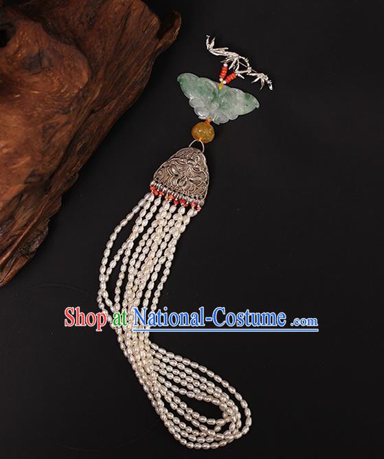 Chinese Traditional Cheongsam Pearls Tassel Pendant Ancient Qing Dynasty Court Woman Jade Butterfly Brooch Accessories