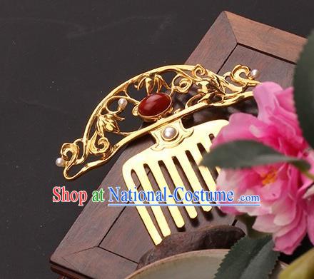 China Handmade Agate Hairpin Traditional Tang Dynasty Hair Accessories Ancient Empress Golden Hair Comb