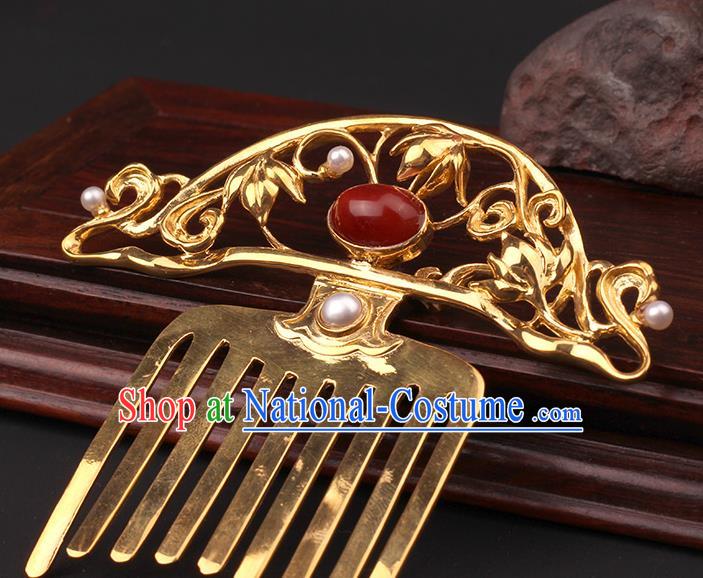 China Handmade Agate Hairpin Traditional Tang Dynasty Hair Accessories Ancient Empress Golden Hair Comb