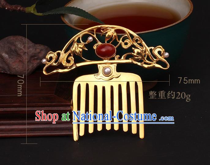 China Handmade Agate Hairpin Traditional Tang Dynasty Hair Accessories Ancient Empress Golden Hair Comb