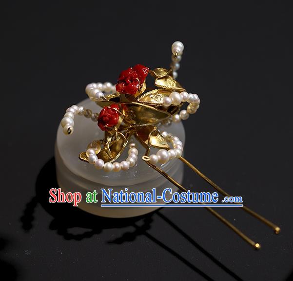 China Handmade Agate Pearls Hairpin Traditional Qing Dynasty Headdress Ancient Court Empress Golden Hair Stick