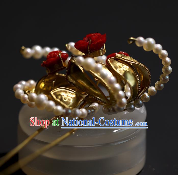 China Handmade Agate Pearls Hairpin Traditional Qing Dynasty Headdress Ancient Court Empress Golden Hair Stick