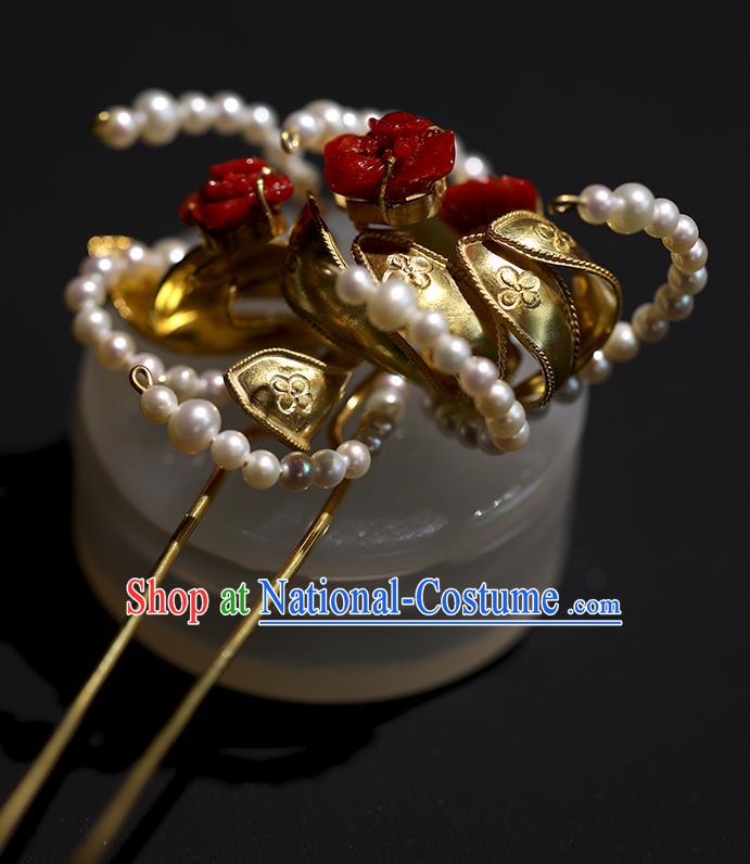 China Handmade Agate Pearls Hairpin Traditional Qing Dynasty Headdress Ancient Court Empress Golden Hair Stick