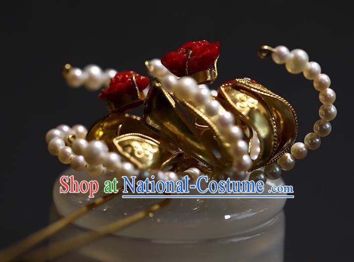 China Handmade Agate Pearls Hairpin Traditional Qing Dynasty Headdress Ancient Court Empress Golden Hair Stick