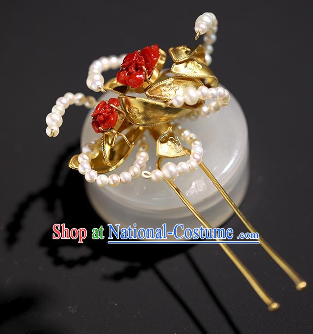 China Handmade Agate Pearls Hairpin Traditional Qing Dynasty Headdress Ancient Court Empress Golden Hair Stick