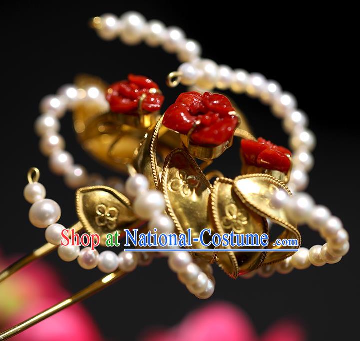 China Handmade Agate Pearls Hairpin Traditional Qing Dynasty Headdress Ancient Court Empress Golden Hair Stick