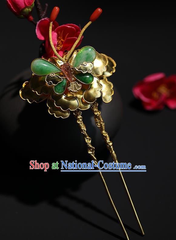 China Handmade Jade Butterfly Hairpin Traditional Qing Dynasty Court Headpiece Ancient Empress Golden Peony Hair Stick