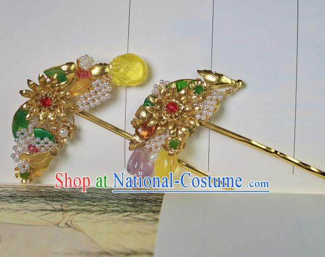 China Handmade Hanfu Gems Hairpin Traditional Ming Dynasty Hair Accessories Ancient Empress Golden Hair Stick