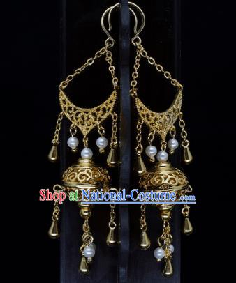 Chinese Traditional Tang Dynasty Ear Accessories National Jewelry Handmade Ancient Imperial Concubine Golden Lantern Earrings