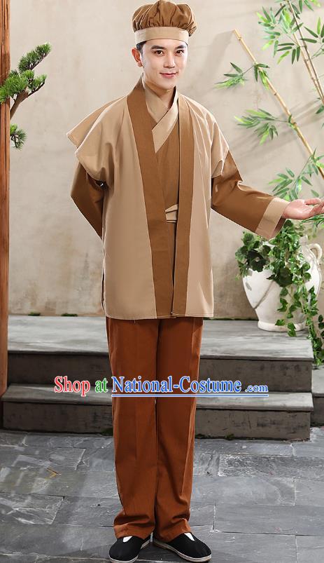 China Ming Dynasty Waiter Civilian Male Stage Performance Khaki Suits Ancient Drama Clothing and Hat