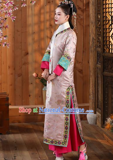 China Ancient Imperial Concubine Pink Dress Clothing Traditional Qing Dynasty Court Garment Costumes and Hair Accessories