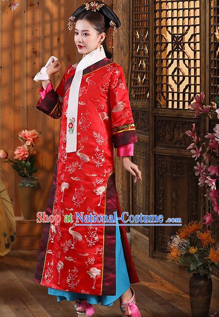 China Traditional Qing Dynasty Queen Garment Costumes Ancient Empress Red Dress Clothing and Headwear