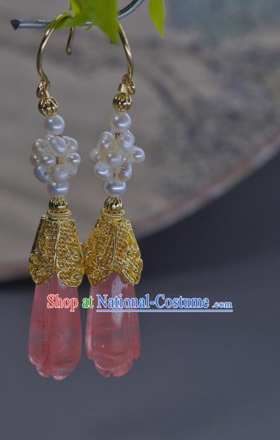 Chinese Traditional Cheongsam Ear Accessories National Pink Crystal Jewelry Handmade Ancient Imperial Concubine Earrings