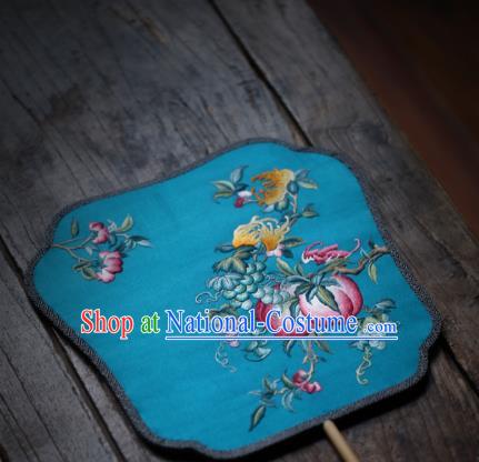 China Handmade Embroidered Peach Fan Classical Blue Silk Palace Fan Traditional Song Dynasty Hanfu Fan