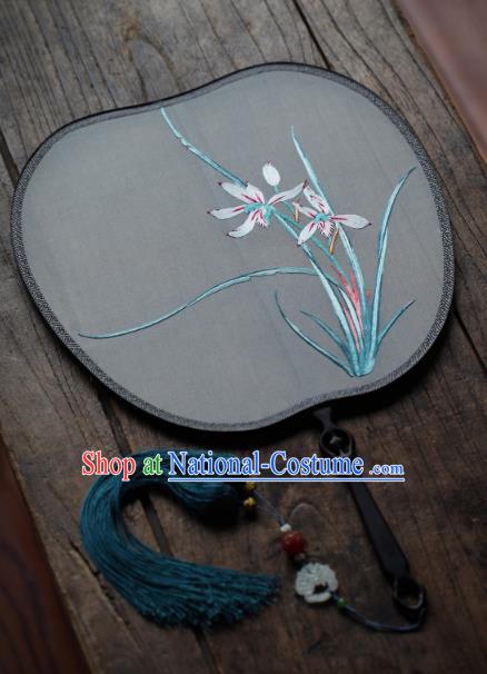 China Traditional Song Dynasty Hanfu Fan Handmade Embroidered Orchids Silk Fan Classical Palace Fan