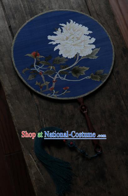 Chinese Traditional Palace Fan Ancient Hanfu Fans Handmade Kesi Peony Painting Blue Silk Circular Fan