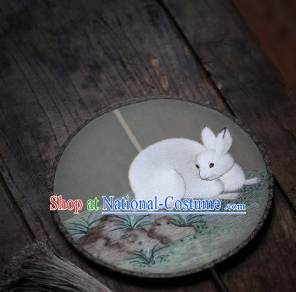 China Traditional Song Dynasty Hanfu Circular Fan Handmade Embroidered Rabbit Fan Classical Silk Palace Fan