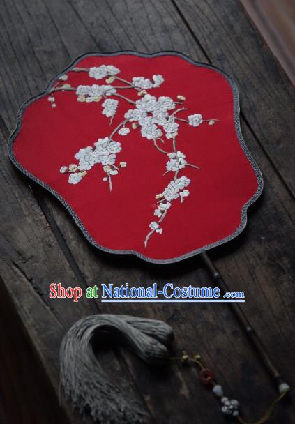 China Classical Red Silk Palace Fan Traditional Hanfu Fan Handmade Embroidered Apricot Blossom Fan