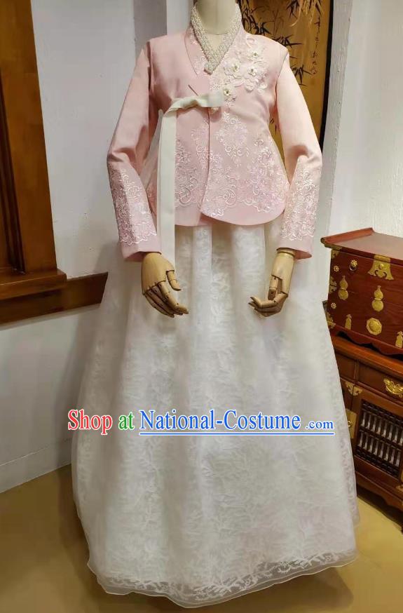 Korean Wedding Hanbok Clothing Asian Korea Bride Pink Blouse and White Dress Garments Traditional Fashion