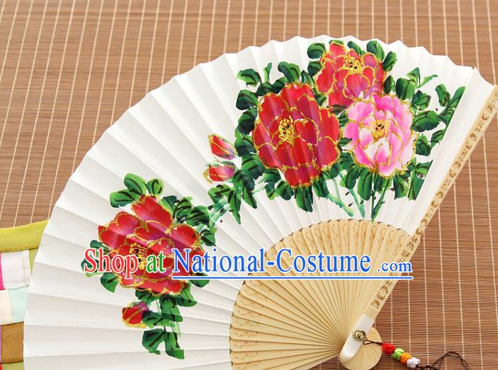 Handmade Chinese Bamboo Folding Fan Traditional Painting Peony Fan