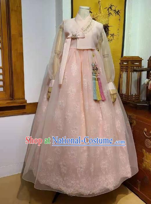 Asian Korea Traditional Fashion Wedding Hanbok Clothing Korean Bride Pink Blouse and Dress Garments