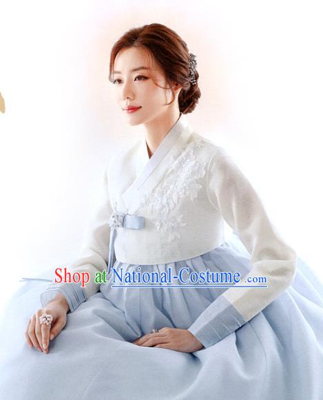 Asian Korea Mother White Blouse and Blue Dress Korean Traditional Garments Fashion Hanbok Clothing