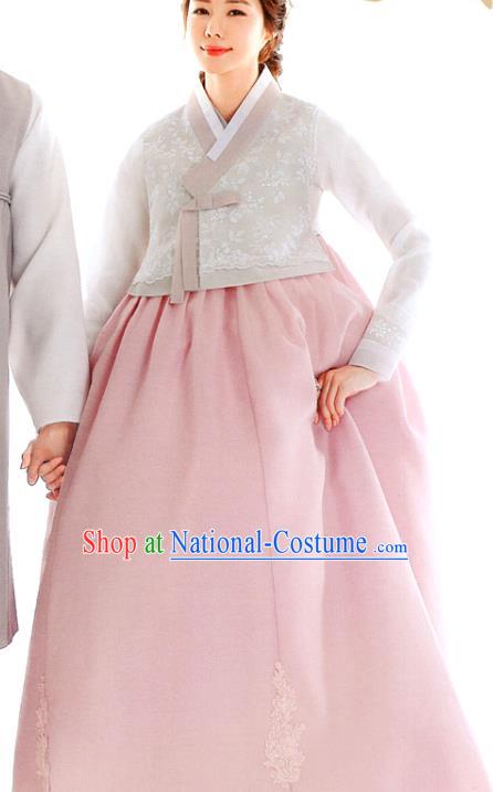 Korean Bride Hanbok Clothing Wedding White Blouse and Pink Dress Asian Korea Traditional Garments Fashion