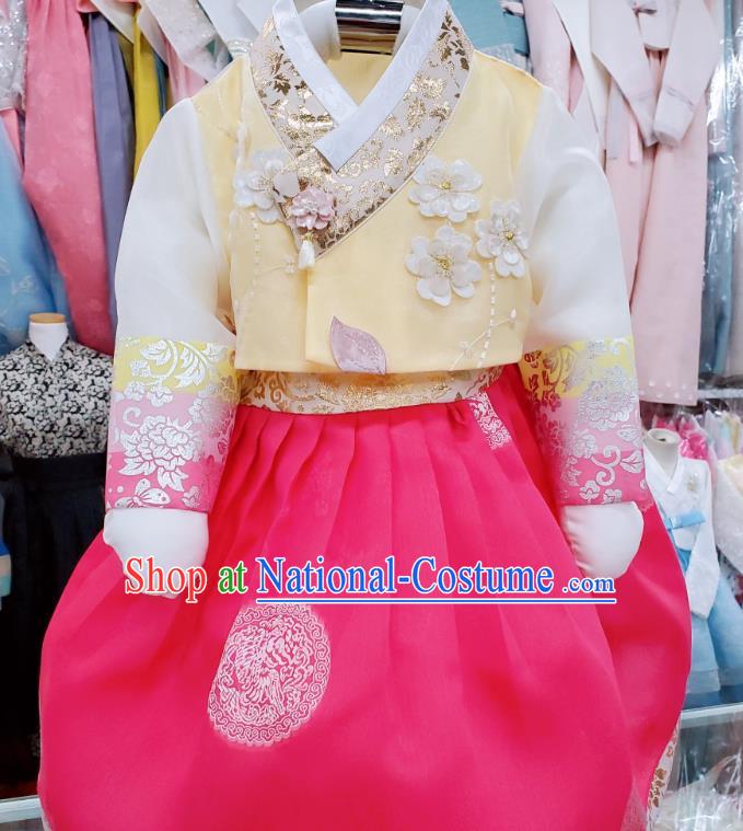 Korean Traditional Children Garments Fashion Stage Hanbok Clothing Asian Korea Girl Yellow Blouse and Rosy Dress